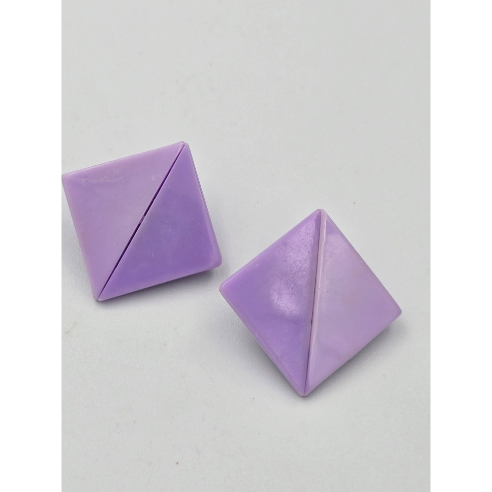Vintage Lavender Purple Geometric Pyramid Square Clip-On‎ Earrings Retro 80s